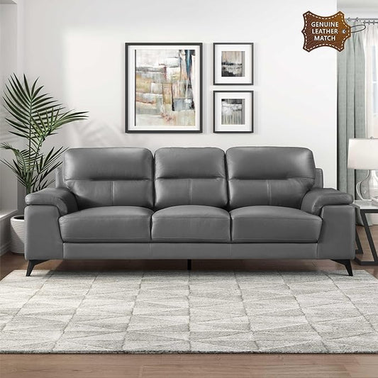 Lexicon Leather Couch, Modern Couch Sofa, Top Grain Leather Match Sofa, Oversized Sofa for Living Room, Bedroom, Office, Apartment, 3-Seater Couches, Dark Gray
