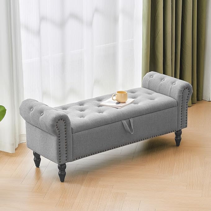 Furnimart Storage Ottoman Bench for Queen Size Bed, Faux Linen Upholstered Storage Bench Accent Bench with Rolled Arms for Bedroom,Living Room, Entryway, 2.5Cubic Feet - Image 7