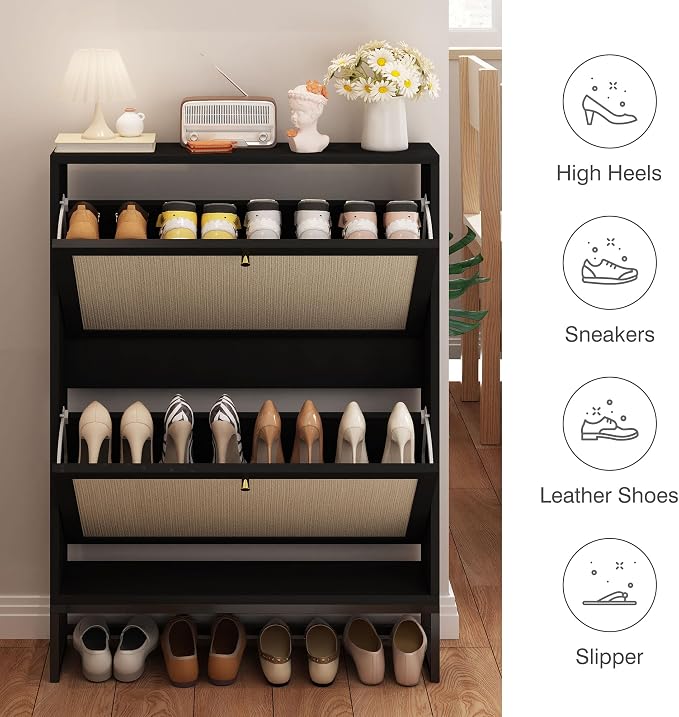 AVZEAR Narrow Shoe Cabinet with 2 Flip Drawer, Freestanding Shoe Organizer Shoe Cabinet Storage for Entryway, Slim Shoe Storage Shoe Rack for Closet with Linen Doors in Hallway, Living Room(Black) - Image 4
