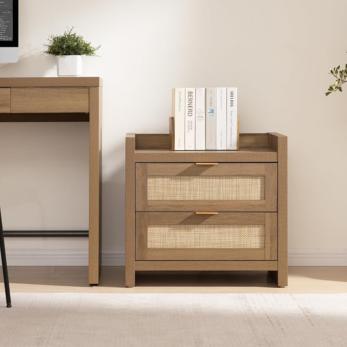 SICOTAS Rattan Nightstand End Table - Night Stand Bedside Table with Type-C Charging Station, 2 Drawers Storage - Boho Night Stands for Bedroom - Natural Oak - Image 8