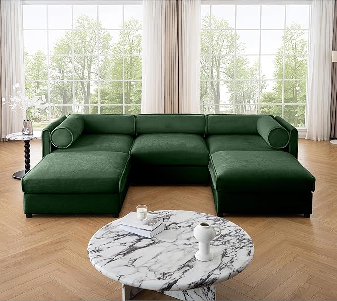 KEIKI 109" U-Shaped Modular Chenille Sectional Sofa with Storage Seat, 2 Ottoman, 3-Seater Couch with Cylindrical Backrest and Armrests, Easy Assembly, for Apartment, Living Room, Green