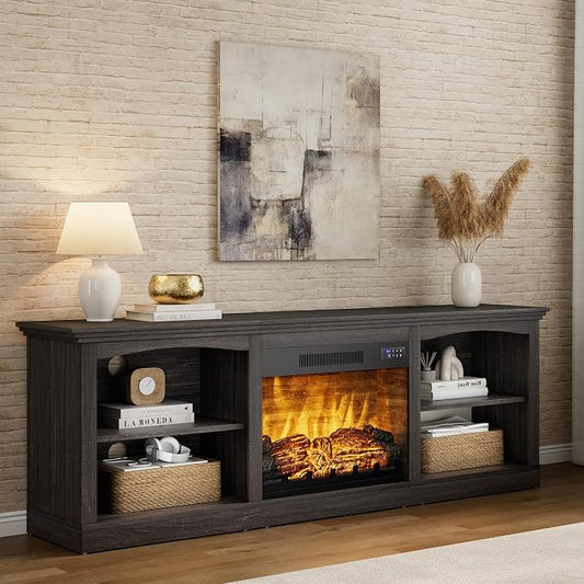 AMERLIFE 70" Farmhouse Fireplace TV Stand for TVs up to 80", Entertainment Center with 23" Fireplace, Open Shelves, One-Box Delivery, Media Console Table for Living Room, Antique Black by AMERLIFE