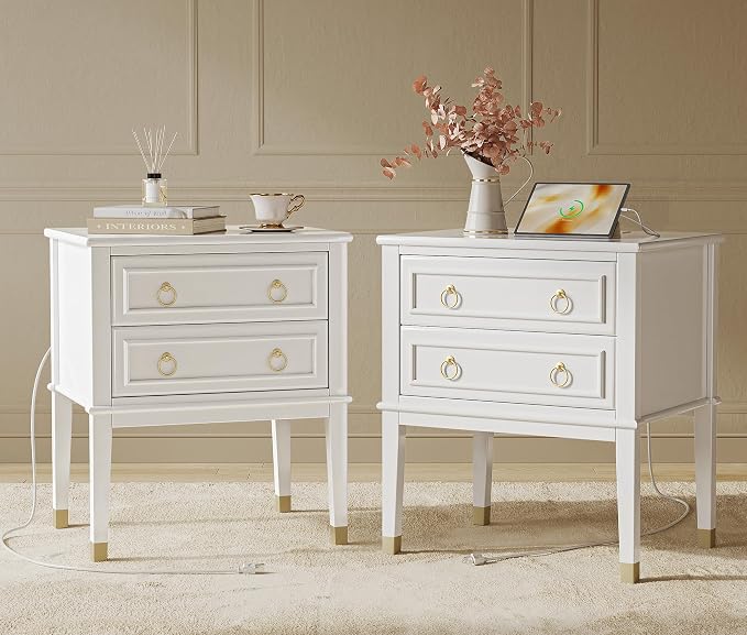 Huuger 27.6 Inch Tall Nightstand with Charging Station, USB-C Port, Larger Night Stand Set of 2, Bedside Table with 2 Drawers, 11.4 Inch Raised Legs, Side Tables End Tables, for Bedroom, White by Huuger
