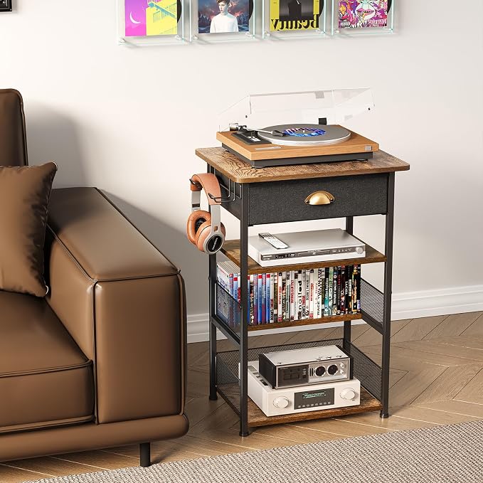 Hongtamoya 4-Tier AV Media Stand with Drawer, Video Game Console Shelf with 2 Hooks, Audio Rack Tower Perfect for/Xbox/ PS5/Switch/Game Consoles/DVD/Record Player/Projector/Sky Box/TV Accessories - Image 4