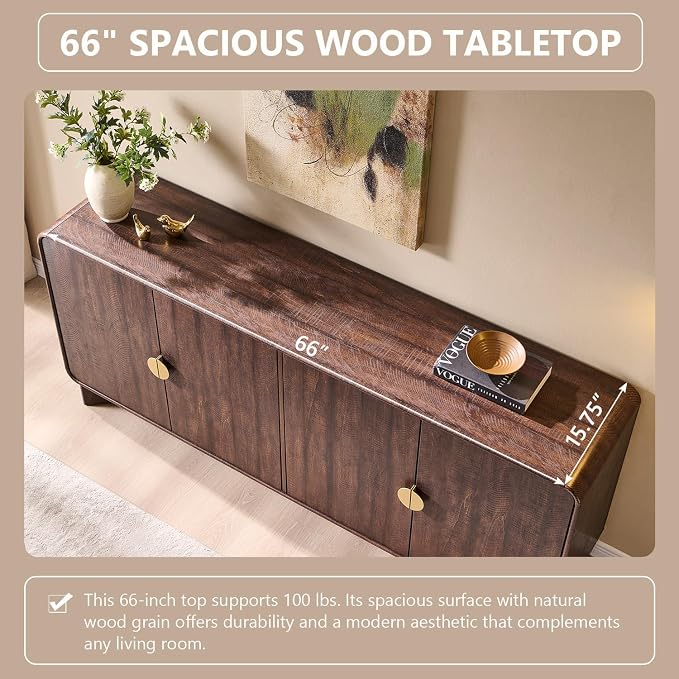 IFGET 70" Modern TV Stand for TVs Up to 80 inches, 30" Tall Entertainment Center with Storage and Adjustable Shelves, TV Console with Curved Profile Design, Media Console for Living Room, Brown - Image 4