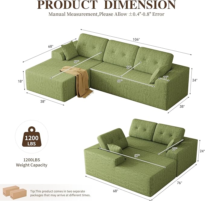 Ball & Cast 106" Cloud Sectional Couch, Compressed L-Shaped Sofa with Deep Seat Chaise, Boneless No Assembly Modular Couch, Foam & Spring Support, 2 Boxes (Right Facing, Chenille Green)