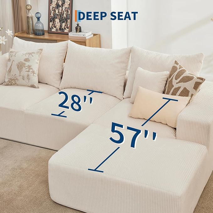 GarveeHome 110 in Oversized L-Shaped Sofa, Cloud Sectional Couch with Right Chaise & Throw Pillows, Soft Corduroy Boneless Memory Foam Sofa for Living Rooms, Apartments, Dorms, Beige