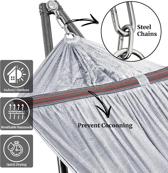 Tranquillo Universal Double Hammock with Stand Included for 2 Persons/Foldable Hammock Stand 600 lbs Capacity Portable Case - Inhouse, Outdoor, Camping, Grey - Image 7