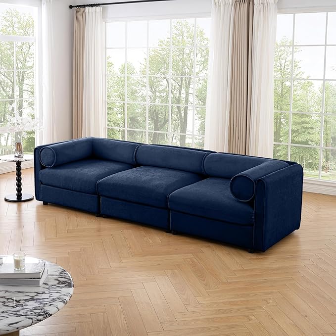 KEIKI 109" Oversized Modular Chenille Sectional Sofa with Storage Seat, Modern 3-Seater Couch with Cylindrical Backrest and Armrests, Easy Assembly, for Apartment, Living Room, Blue