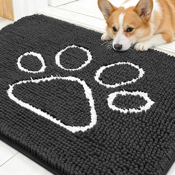 OLANLY Dog Door Mat for Muddy Paws 30x20, Paw Print Design, Absorbs Moisture and Dirt, Absorbent Non-Slip Washable Doormat, Quick Dry Chenille Mud Mat for Dogs, Entry Indoor Entryway Carpet, Dark Grey by OLANLY