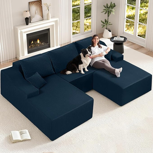 HABUTWAY 94“ U Shaped Modular Sectional Couch for Living Room, Modular Cloud Sofa with Ottoman, No Assembly Boneless Couches with Deep Seat, Corduroy Fabric (Blue, Left Facing)