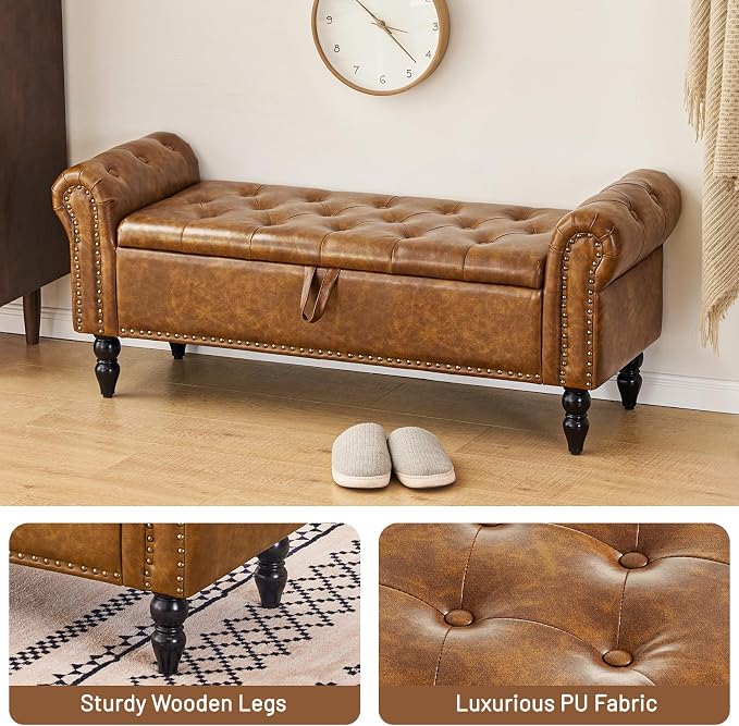 Furniliving Storage Ottoman Bench, Leather Benches End of Bed Bench with Solid Wood Legs Upholstered Ottoman Bench with Storage Indoor Bench for Living Room with Rolled Arm, Entryway, YellowBrown - Image 4