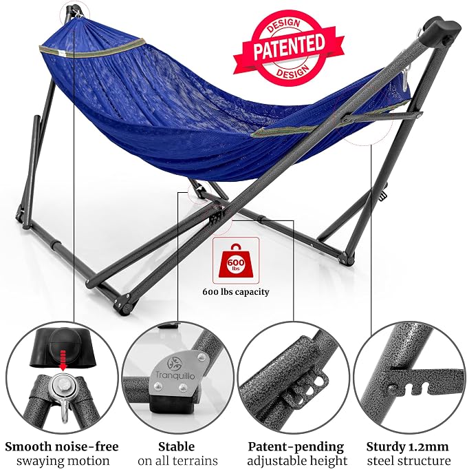 Tranquillo Combo x2 Hammocks with Stand for Outside & Tree Straps, Heavy Duty Hammock with Stand 600lbs for Indoor Outdoor Patio Backyard, x2 Hammocks for 2 Person (Combo - Blue, Medium) - Image 3