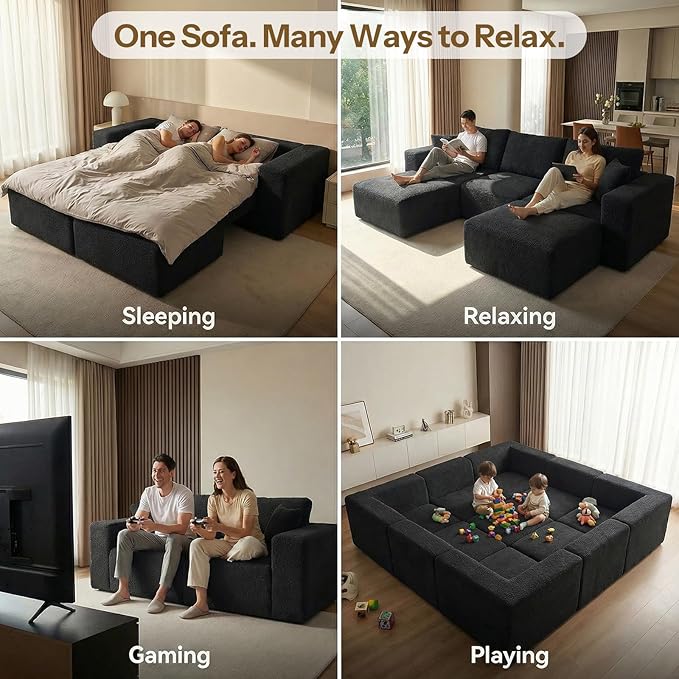 Life Balance Modular Sectional Sofa for Living Room, 106 Inch L-Shape 4-Seat Couches with Chaise, Modular Design Easy to Assemble, Cloud Soft Fabric, Black (Sherpa Fabric)