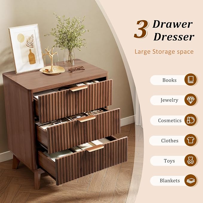 LYNCOHOME Fluted Nightstand with 3 Drawers, Modern Wood Chest of Bedside Table with Curved Profile, Fluted Dresser Organizer for Bedroom,Walnut - Image 3