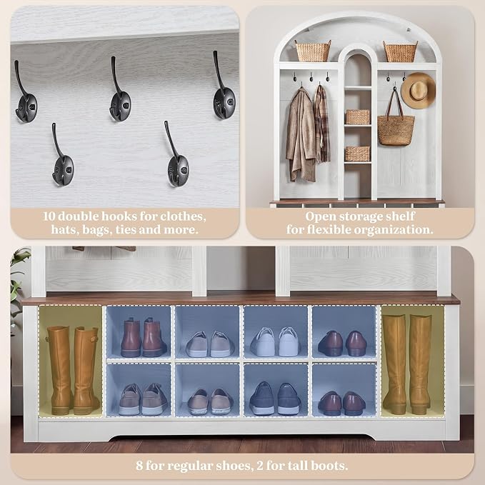 YITAHOME 59" W Hall Tree with Shoe Storage, Arched Entryway Bench with Coat Rack, 10 Shoe Cubbies Shelves & 10 Coat Hooks, Shoe Storage Bench for Entryway Hallway,White - Image 6