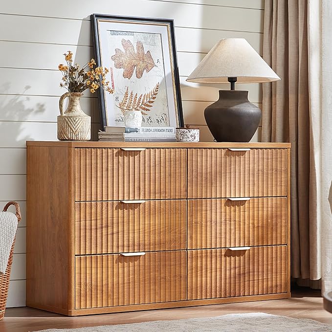 LEYAOYAO 48" Wide Fluted Dresser and 23" Nightstand Set of 2, Wooden Dresser & Night Stand with Charging Station, 3 Piece Bedroom Furniture Set, Chest of Drawer for Living Room,Brown