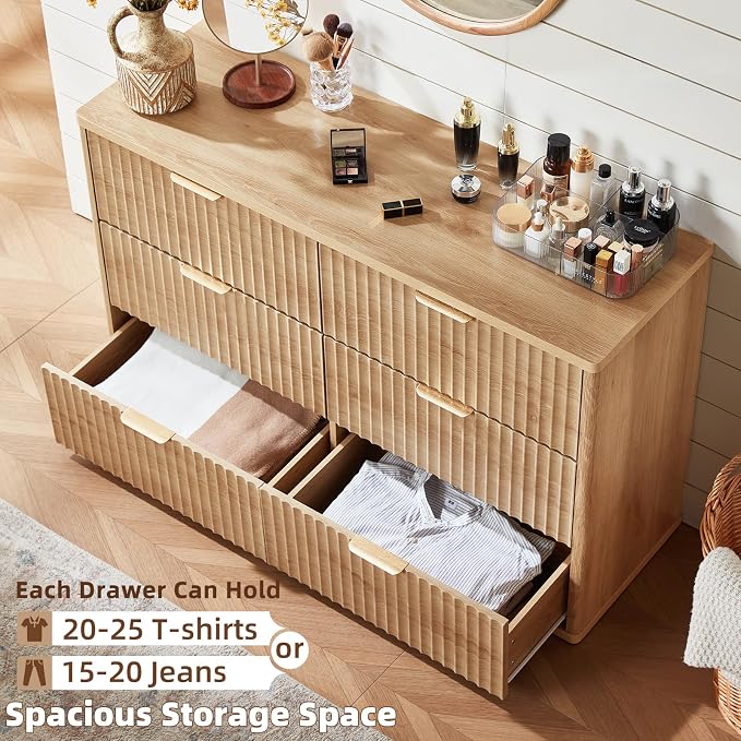 LEYAOYAO Fluted 6 Drawers Dresser for Bedroom, 48" Wide Modern Chest of Drawers with Metal Handle, Natural Curved Profile Farmhouse Closet Organizer Wood Dressers TV Stand for Living Room, Hallway - Image 5