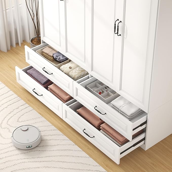 White Armoire Wardrobe Closet: 88" Extra Tall Wardrobe Cabinet with 4 Drawers, Large Wood Armoire Closet with 4 Doors, Modern Bedroom Armoires with Top Cabinet