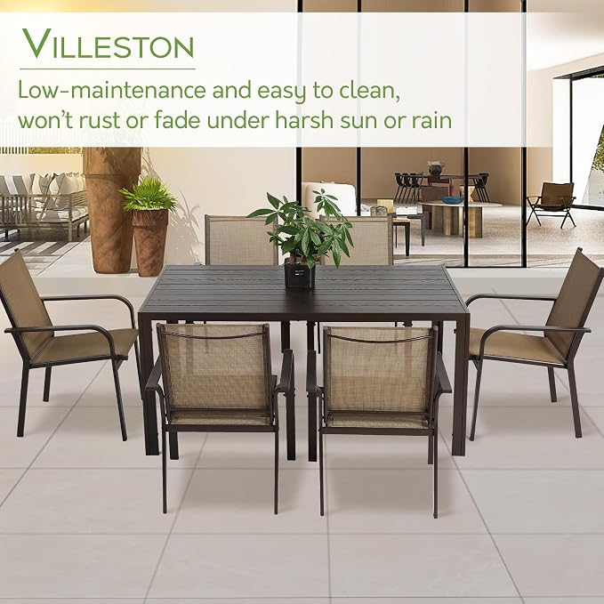 7 Piece Patio Dining Set for 6, 6 Stackable Textilene Chairs and 1 Dining Table Outdoor Furniture Set, Brown - Image 7
