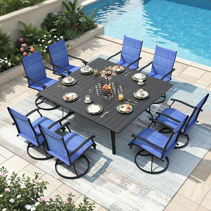 9 Pcs Patio Dining Set for 8, All Weather Outdoor Furniture Set, 59.6" Square Metal Dining Table with Umbrella Hole and 8 High Back Textilene Swivel Chairs for Deck Garden Lawn Poolside, Blue by RedefineModernLiving