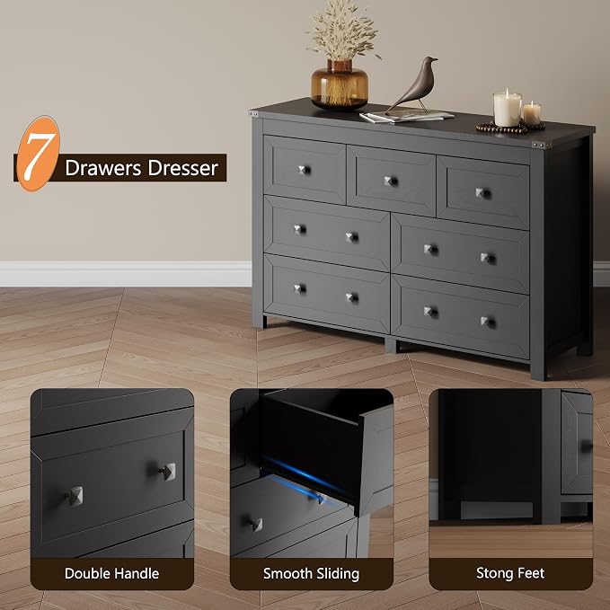 7 Drawer Dresser for Bedroom, Farmhouse Wood Chest of Drawers, Wide TV Stand Closet Storage Furniture with Metal Handle, Modern Wooden Clothes Organizer for Hallway, Living Room, Entryway, Black - Image 5