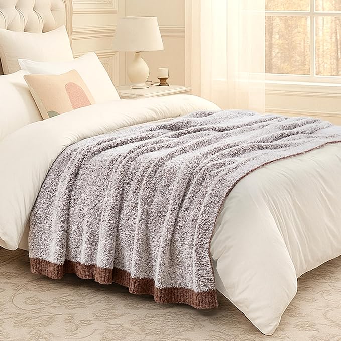 Amélie Home Knit Throw Blanket for Couch, Super Soft Fuzzy Cozy Throw, Giftable Knitted Blanket for Women Men, Birthday, Sofa Bed Living Room Decor, 60" x 80", Heather Brown