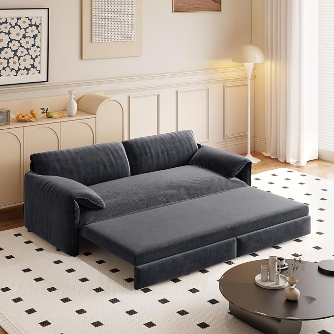 66" Queen Size Pull Out Sofa Bed, 3-in-1 Convertible Sleeper with Side Storage and Wheels, Velvet Loveseat for Living Room, Apartment, Bedroom, Grey (Mattress & Bedding Not Included)