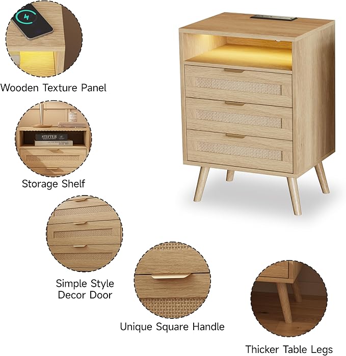 Halitaa Rattan Nightstands Set of 2 with Charging Station and Led Lights and 3 Drawers, Boho Night Stand Set 2 with Open Storage, Rattan Bedside Table Side Table, End Tables for Bedroom, Light Wood - Image 6