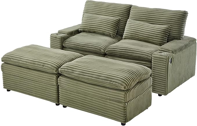 Modular Sectional Sofa Convertible Loveseat Couch,2-Seater Deep Seat Loveseat Sofas Fluffy Corduroy Cloud Couches with Movable Ottoman, Storage Armrest,USB Ports, Cup Holders