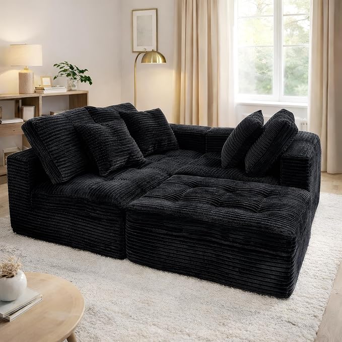 Eafurn 105" L-Shaped Boneless Modular Sectional Sofa with Movable Ottoman, Comfy Corduroy Floor Couch with Deep Seat and Tufted Seat, Flexible Module Combination for Living Room, No Assembly | Deep Seat, Wider Armrest, Free Combination, Tufted