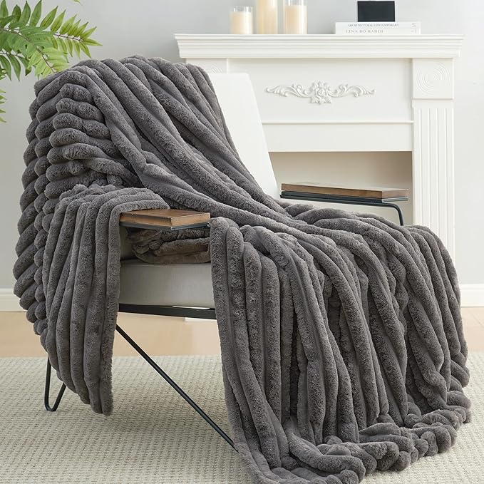 Amélie Home Faux Fur Throw Blanket for Couch, Cozy Fuzzy Fluffy Fur Luxurious Soft Striped Plush Gift Blankets for Family Sofa Chair Bedroom, 55"x70", Charcoal Grey