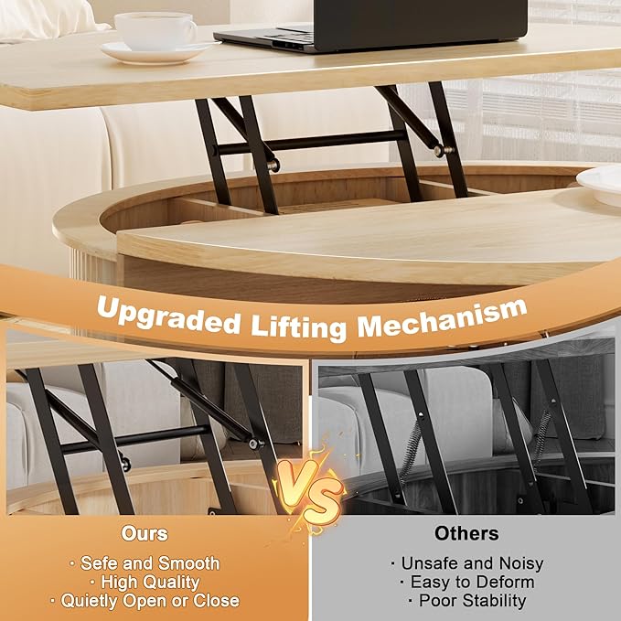 Round Lift Top Coffee Table, 31.5" Fluted Wood Lift Up Center Table with Sliding Door & Hidden Storage – Mid Century Modern Circle Coffee Table for Living Room, Apartmentm, Home Office (Natural)