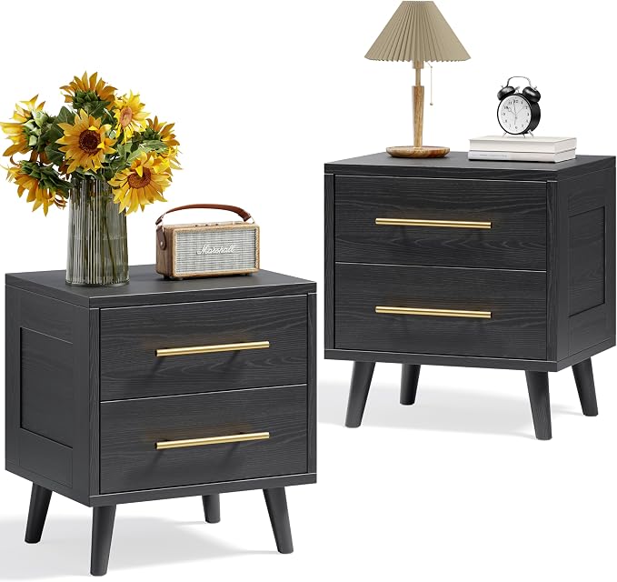 Aiho Nightstand Set of 2, Bedside Table Set for Bedroom, Wood Nightstand with Metal Handles 2 Drawer Dresser, Black Nightstand by AIHO