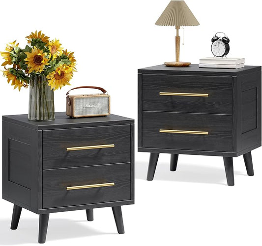 Aiho Nightstand Set of 2, Bedside Table Set for Bedroom, Wood Nightstand with Metal Handles 2 Drawer Dresser, Black Nightstand by AIHO