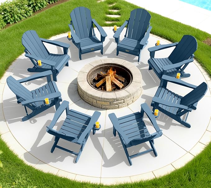 SERWALL Folding Adirondack Chair with Cup Holder Set of 4, Weather Resistant HIPS Patio Chairs, Wooden Textured, Fire Pit Chairs for Garden Outdoors Fire Pit - Blue - Image 2