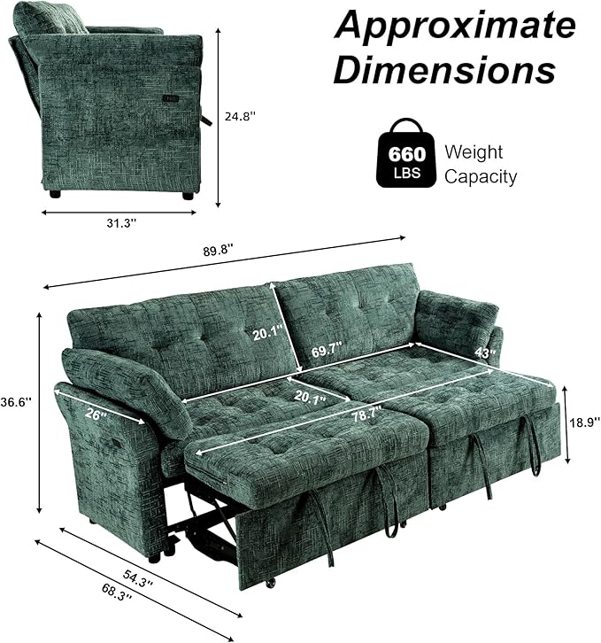 Casaphoria 3 in 1 Sleeper Sofa Bed Reclining Convertible Couch with USB & Wheels – Adjustable Lounge Chair for Living Room Apartment 3-Seater 89.8 Inch in Green