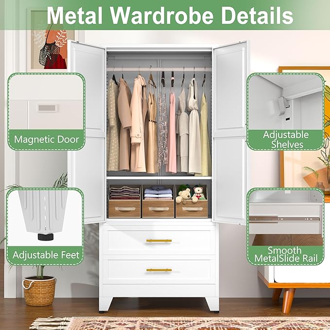 Ckzbx 71" H Metal Armoire Wardrobe Closet with 2 Drawers, Adjustable Shelve, Clothes Drying Pole, Steel Wardrobe Cabinet for Bedroom (White)