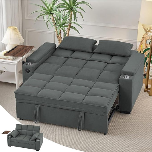 65'' 3-in-1 Sleeper Sofa Bed with Pull-Out Couch & Side Table, Convertible Loveseat with Adjustable Backrest, Velvet Chaise Lounge with USB & Type-C Ports, Dark Grey