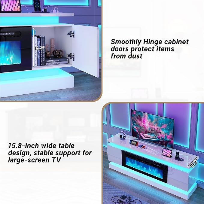 chartustriable 71IN LED TV Stands w/40 inch Fireplace Power Outlet for 85/80/75 Inch TVs,High Glossy Modern TV Media Console Gaming with 2 Storage Cabinets,Dual LED Lights,White - Image 8