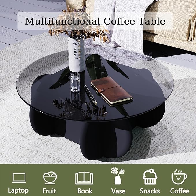 Black Glass Top Coffee Table Modern Elegant Round Coffee Tables with Solid Wood Legs and Tempered Glass Tabletop for Living Room Home Small Space Reception Office Tables 31.5"