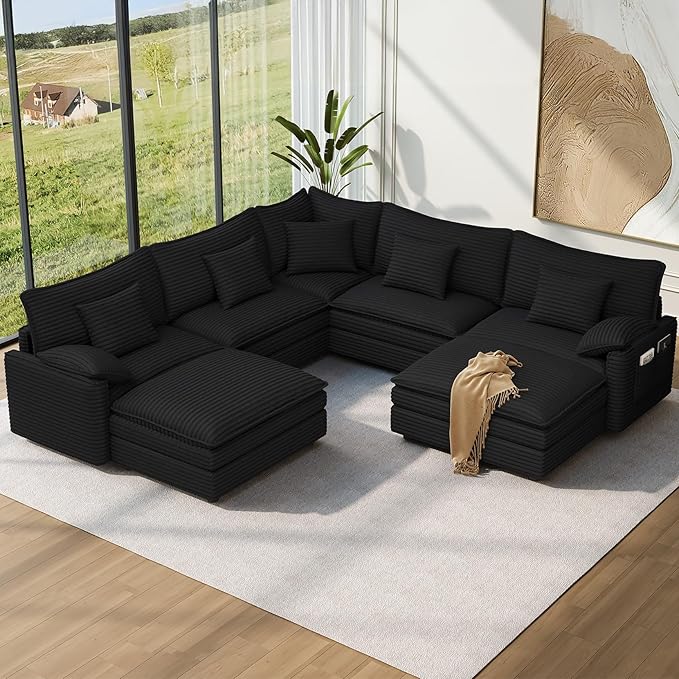 Vesgantti 101" V-Shaped Corner Couch Sectional, 7 Seat Customizable Modular Cloud Couches with Movable Ottoman, Corduroy Deep Seat Sofa Set with Chaise for Living Room, Bedroom and Apartment, Black