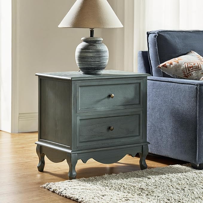 HULALA HOME Solid Wood End Table with Charging Station Space, Vintage Endtable with Wood Legs and 2 Drawers, French Side Table for Living Room，Blue by HULALAHOME
