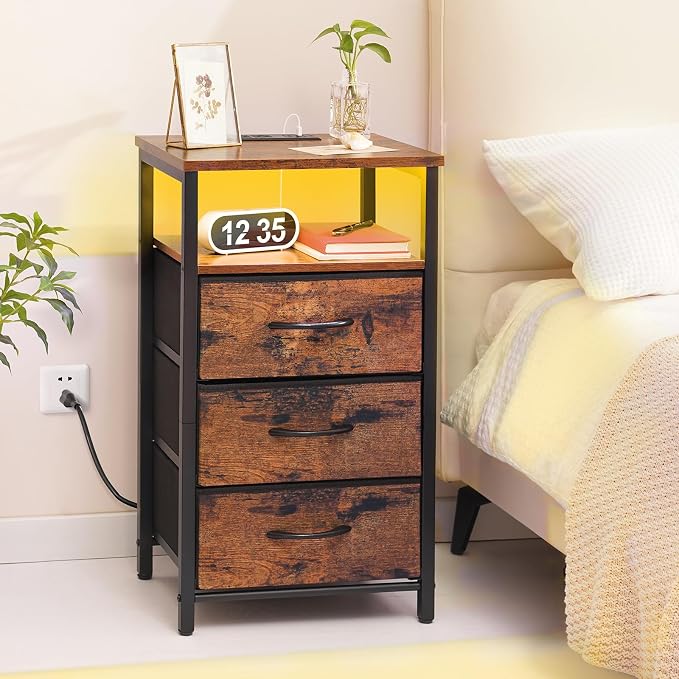 Yoobure Night Stand with Charging Station, 16 Colors LED Nightstand with USB Ports and Outlets, 3 Fabric Drawers and Storage Shelf, Bedside Tables Small Dresser for Small Space, Red Brown - Image 2