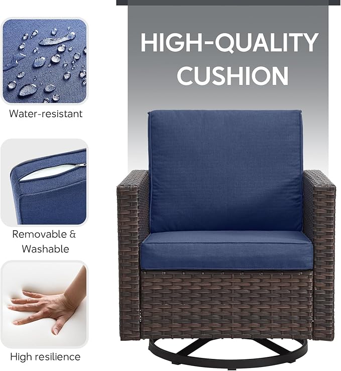 5 Piece Wicker Patio Furniture Set - Outdoor Swivel Rocker Chairs Set with 3 Seat Sofa and Ottomans, Small Patio Conversation Sets Proch Furniture for Balcony Deck - Brown/Blue
