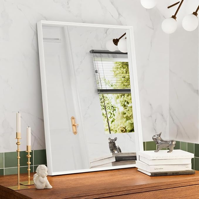 24x32 Inch White Bathroom Mirror, Wall Mounted Bathroom Vanity Mirrors, Rectangle Aluminum Black Framed Mirror, Tempered Glass, Anti-Rust, Mirrors for Over Sink - Image 4