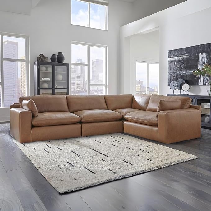Signature Design by Ashley Emilia Modern L-Shaped Leather Match Modular Anti Sag 4-Piece Sectional with Loose Back Cushions and 2 Bolster Pillows, Orange