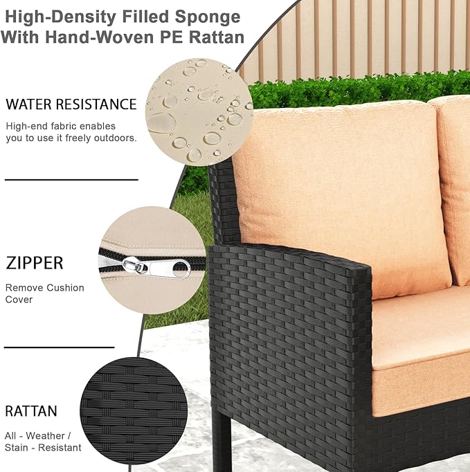 7 Pieces Patio Conversation Set, Outdoor Furniture Sectional with Throw Pillows and Anti-Slip Cushions, PE Rattan Sofa Set with Dining Table & Ottomans, Khaki