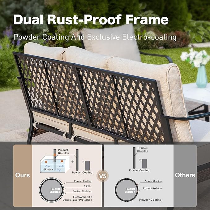 5 Piece Metal Outdoor Patio Furniture Set, Patio Conversation Sets, Outdoor Seating Furniture 3-Seater Sofa, 2 Leg Chair and 2 Swivel Chair with 5.75" Cushion for Backyard Deck, Beige