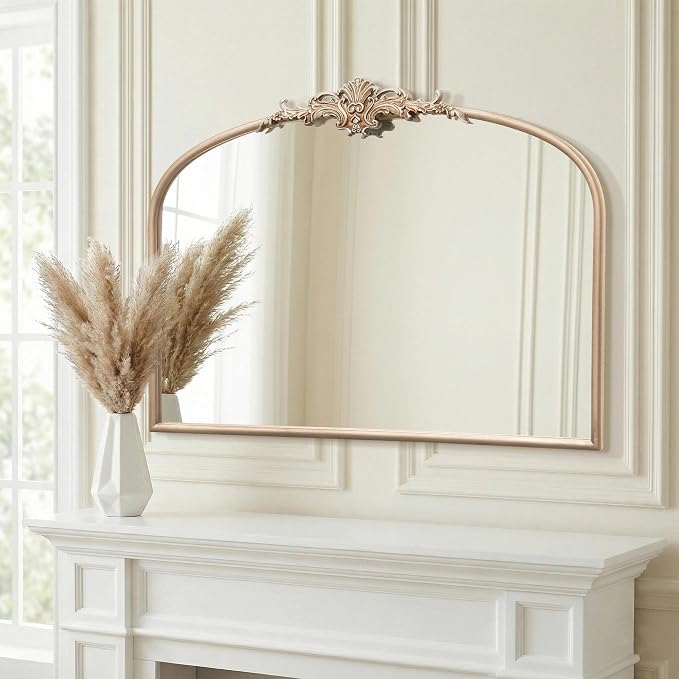 Besdomus Arched Vintage Gold Mirror: 32"x24" French Large Champagne Gold Antique Wall Mounted Mirror - Baroque Traditional Ornate for Fireplace/Bathroom/Living Room - Wall Decor for Fashion-Conscious by Besdomus